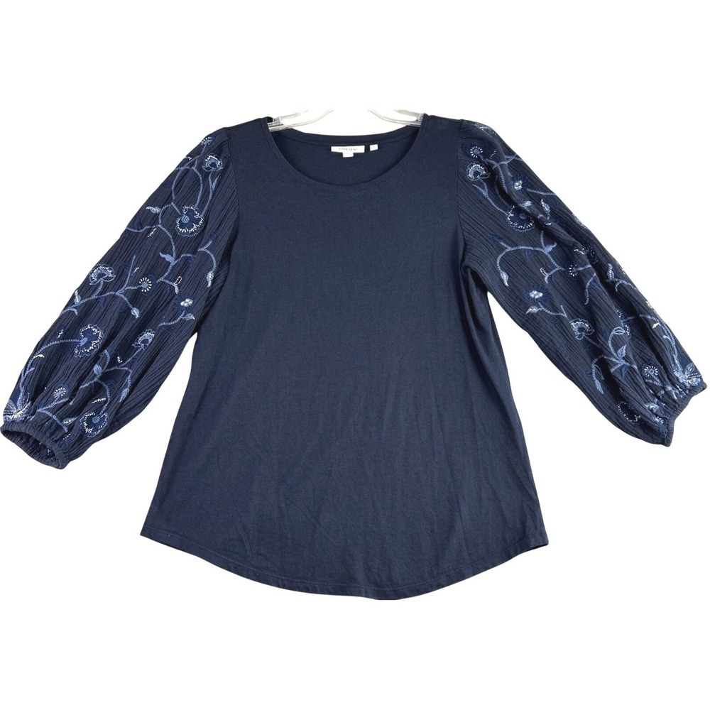 Chico'sβ 1 US S Navy Blue 3/4 Balloon Sleeve Floral Embroidered Blouse Cottage
